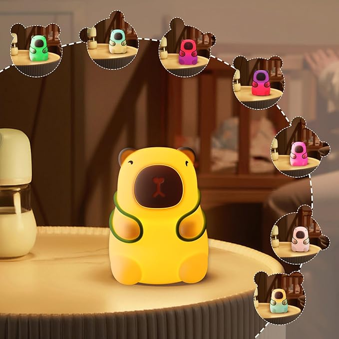 Capybara Night Light for Kids - Adjustable 3 Brightness Levels & 7 RGB Colors, Squishy Animal Decor & Portable Charging Touch Lamp