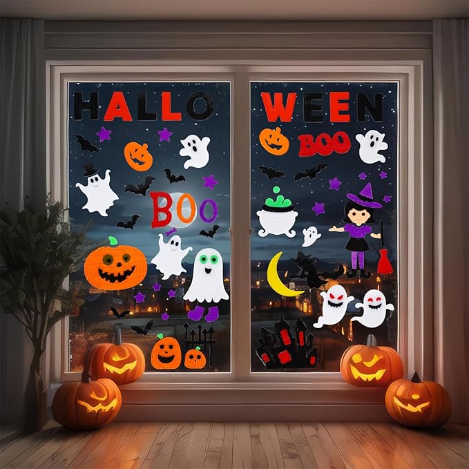 5 Pcs Halloween Window Clings Gel Stickers, Reusable Ghost Pumpkin Bat Witch Decals for Windows, Glass, Mirrors, Refrigerator, Halloween Party Decorations (Boo)