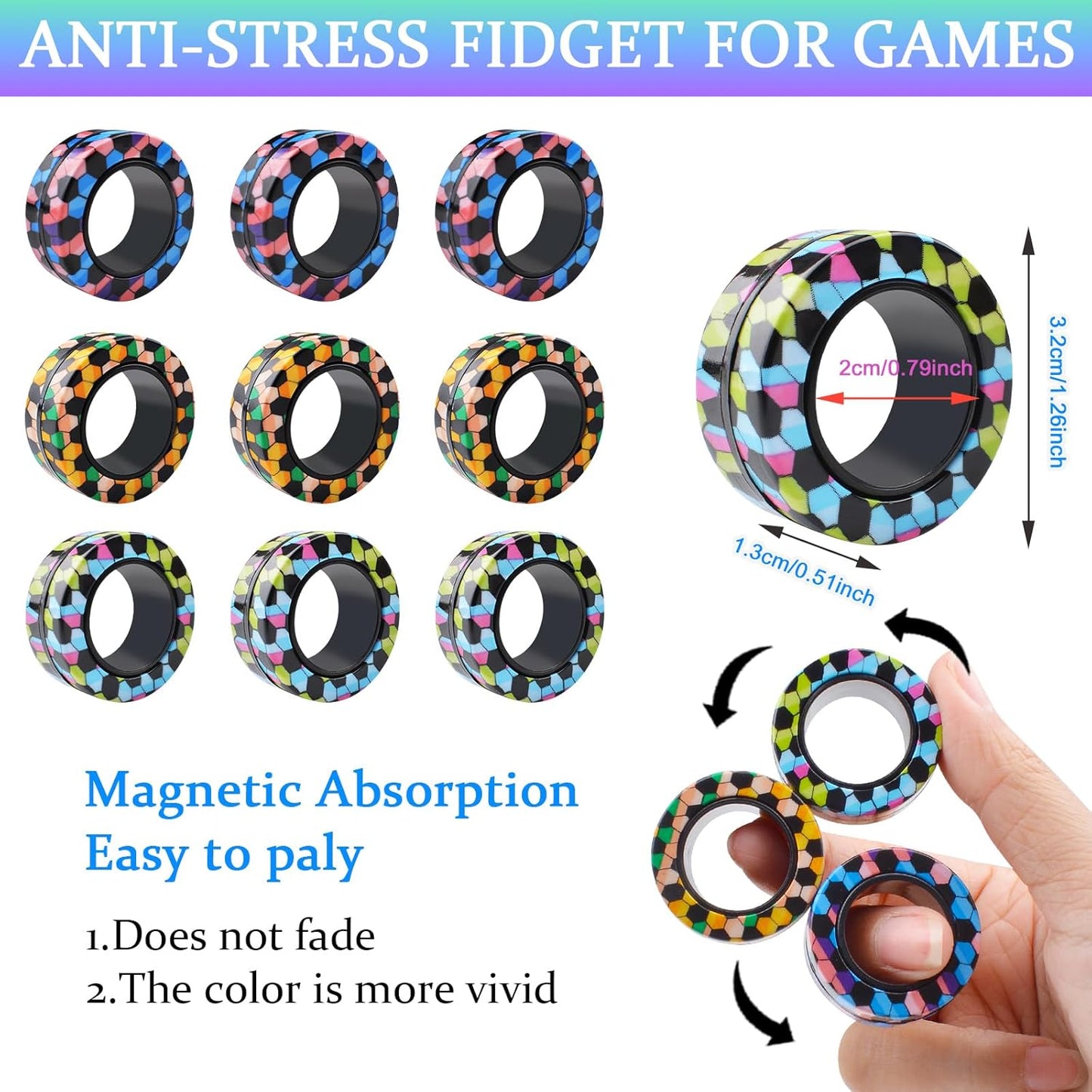 Cevioce 9Pcs Magnetic Rings Fidget Toy Set, ADHD Anxiety Magnetic Fidget Toys Adults Fidget Spinner Rings for Relief, Gifts for 8+ Year Old Teen Boy Girl B