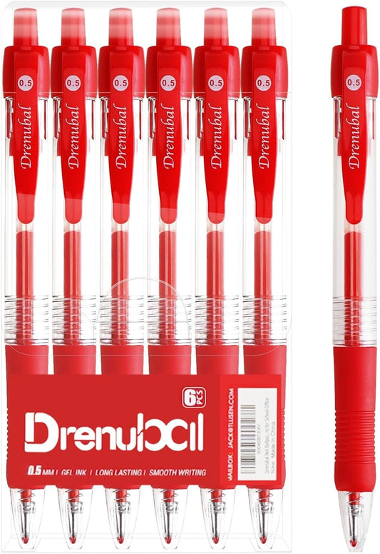 Gel Pens 0.5mm - Red Ink, Quick-Drying, Comfort Grip Writing for School, Office, Exams - Gift Set for Students, Fine Point Ballpoint Pens 6-Pack