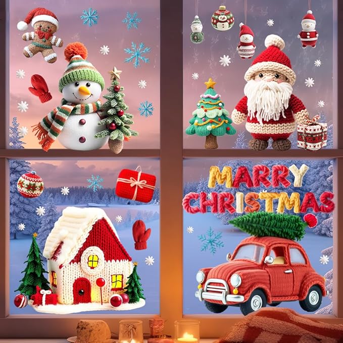 Christmas Window Stickers Fun Christmas Window Clings Decor Set-Vibrant Santa, Woolen Tree Car House, Reindeer & Snowman Static Decals-Removable - Safe for Home, Office, School Indoor Use