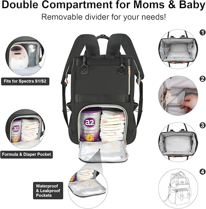 PIIOSER Diaper Bag Tote with Ice Pack, Large Capacity & Waterproof Diaper Bag Backpack for Moms Dads, Insulated Baby Tote Bag with Changing Pad, Stroller Straps & Pacifier Case, Black