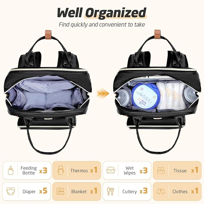 Diaper Bag Backpack - Extra Large Diaper Bag for 2 Kids Twin, Travel Baby Bags for Mom Dad 25-37L Expandable with Changing Pad Earphone Hole, Solid Black