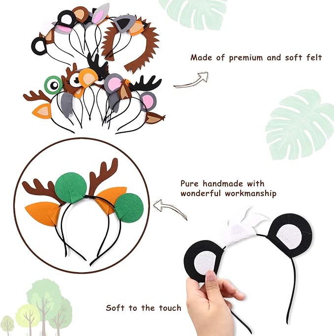 13PCS Woodland Animal Headbands Forest Friend Wild One Camping Theme Felt Ears Headbands For Woodland Creature Theme Baby Shower Birthday Party Favors Kids Adults Cosplay Apparel Party Supplies