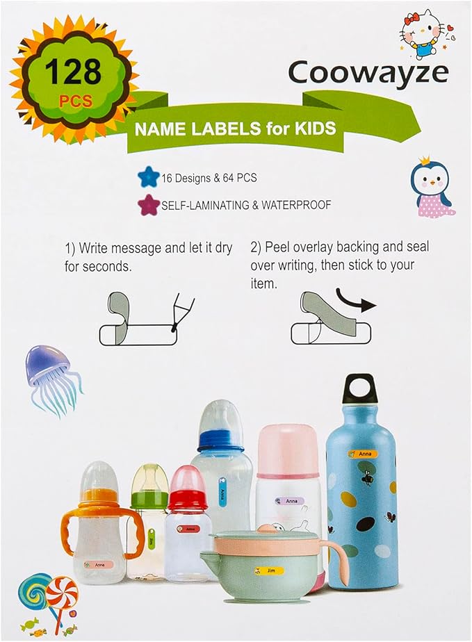 Name Labels for Kids Stuff, Waterproof Daycare Labels for Baby Bottles, 128 PCS Water Bottle Label, Name Tags Stickers for School Supplies, Daycare Essentials, Self-Laminating, Dishwasher Safe