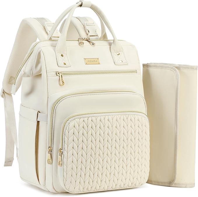 AIJIEKE Diaper Bag, Large Wide-Open Baby Diaper Backpack, Multi-functional Baby Travel Tote Bag, Diaper Bag with Changing Pad, Diaper Bags for Mom & Maternity (Beige)