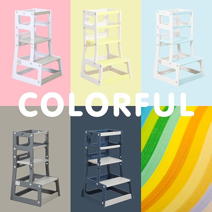 SDADI Adjustable Height Kids Kitchen Step Stool with Removable Safety Rails and Anti-Slip Protection- Toddler Standing Tower with with Ring Toss for Learning and Playing (Dark Grey and Light Grey)