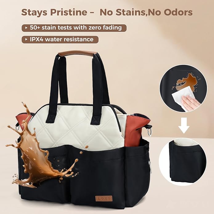 Lekebaby Diaper Bag Tote, Large Diaper Bags Waterproof,Large Mommy Bag Tote Bag Handbag Pink Travel, Black and Beige