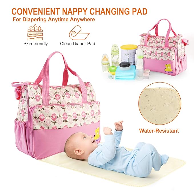 5PCS Diaper Bag Tote Set for Baby Essentials – Large Baby Bags for Mom, Waterproof Maternity Bags with Bottle Bag, Food Bag & Changing Pad (Pink)