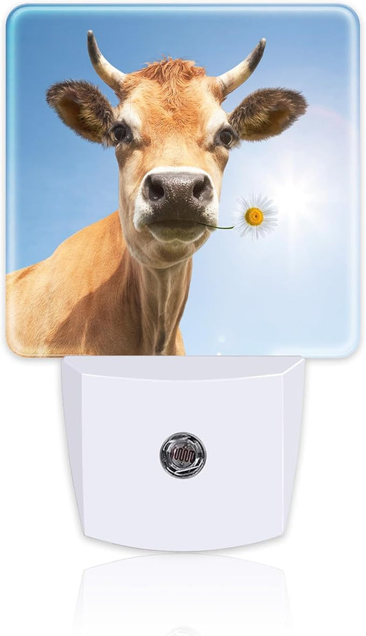 Cow Bite A Flower Night Light Plug into Wall, Cute Animal Floral Dusk to Dawn Night Light, 0.5w Energy Saving Sleep Friendly Nightlights for Kids Boys Girls Home Decor