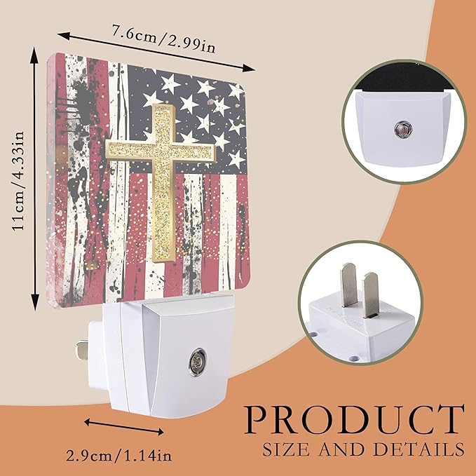 Night Light Plug into Wall,American Flag Cross Night Light with Dusk to Dawn Sensor Night Light for Kid Girls Boys Women Men Room Decor,Hallway,Kitchen,Bathroom,Nursery,Stairs