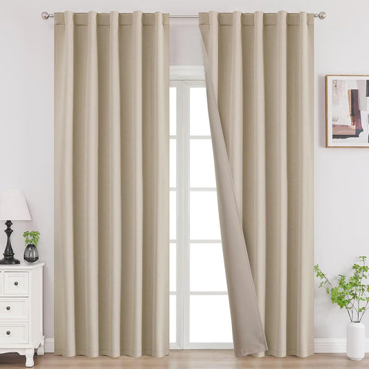Joydeco 72 Inch Blackout Curtains for Bedroom, Thermal Insulated Black Out Curtains, Room Darkening Drapes for Living Room Window Rod Pocket Back Tab (W37 x L72 Inch, Light Beige)