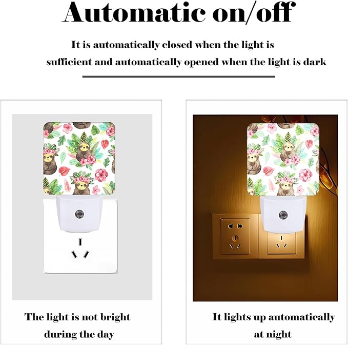 Watercolor Cute Sloth Night Light,Plug Into Wall with Dusk to Dawn Light Sensors, Warm Nightlights for Bedroom, Bathroom, Hallway, Kitchen, Gifts Ideal for Boys Girls Women Men