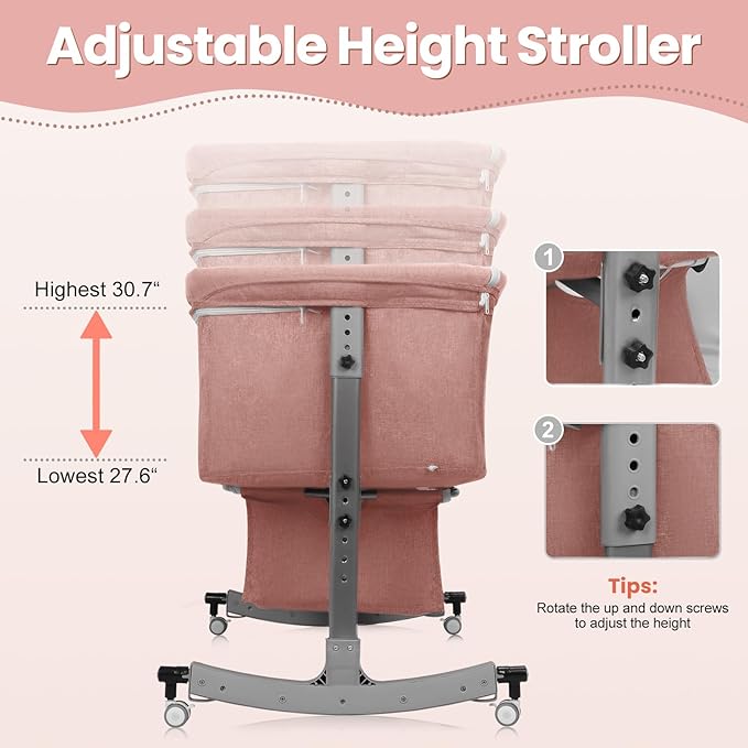 3-in-1 Baby Bassinet Bedside Sleeper for Newborns & Infants - 6-Level Height Adjustable, Portable Convertible Bassinet/Cradle with Mosquito Net, Storage Basket & Wheels,Easy Assemble (Pink)