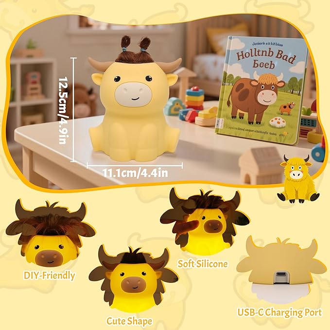 Highland Cow Night Light, Cute Animal Silicone Touch Cow Lamp, Highland Cow Gifts for Boys Girls Women Christmas, Dimmable Soft Glow Bedside Lamp for Nursery Bedroom Decor
