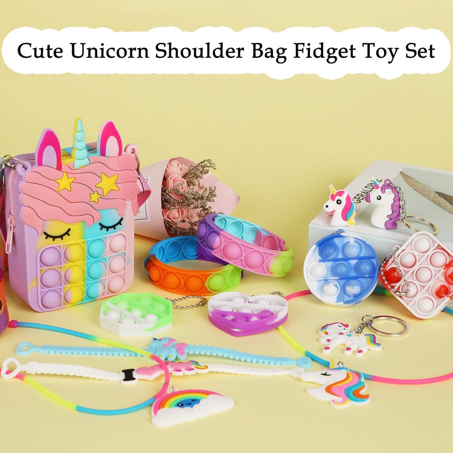 Fidget Purse, Pop Fidget Push It Bubble Popper Unicorn Bag with Bulk Fidget Bracelets Key Chain Stress Relief Toys for Girls Ages 3-12 Gift Easter Basket Stuffers Birthday Party Favor Xmas Stocking