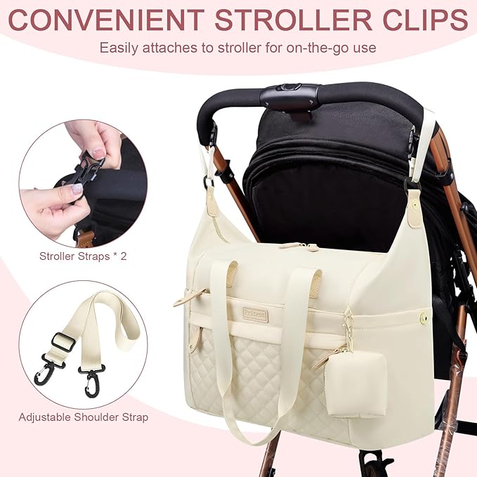 Diaper Tote - Diaper Bag with Pacifier Case, Shoulder Straps, Stroller Clips, Waterproof Mommy Bag for Mom and Dad, White