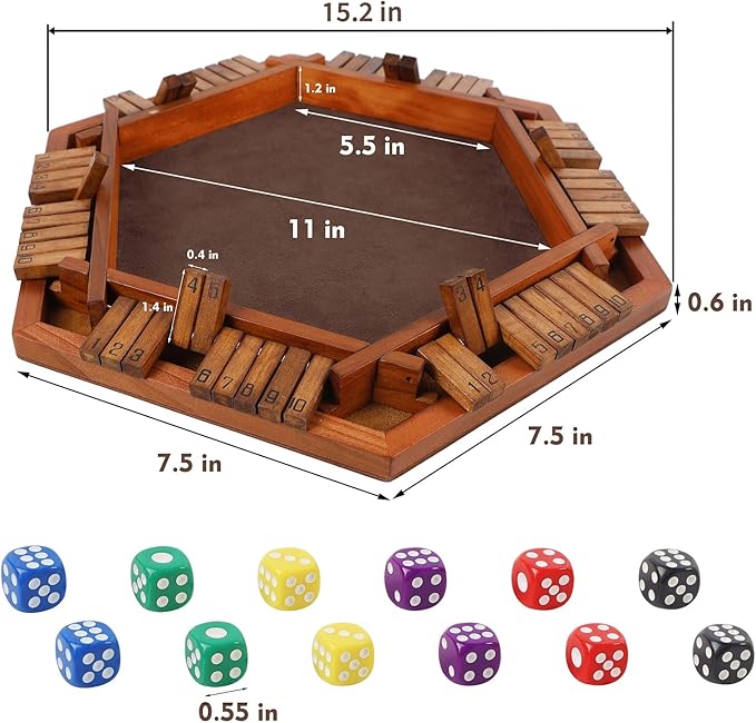 Juegoal Wooden Shut The Box Dice Game for 1-6 Players, Upgrade Tabletop Board Game with 12 Dice for Kids Adults Families, Classics Travel Portable Classroom Home Party Pub Board Game Sets
