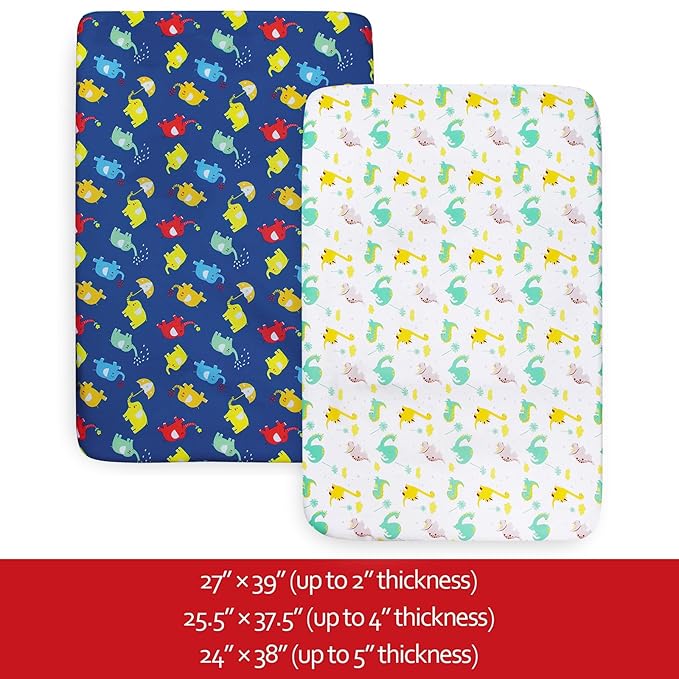 Pack and Play Sheets Boys, 2 Pack Mini Crib Sheets, Stretchy Playard Fitted Sheet, Compatible with Graco Pack n Play, Soft and Breathable Material, Dinosaur & Elephant