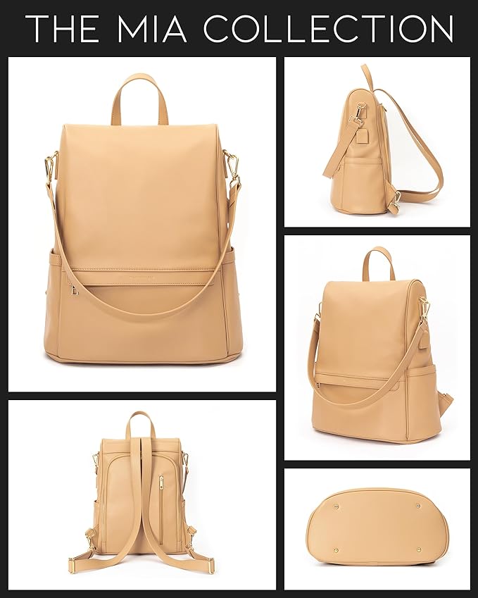 MIA + SOPHIA Leather Diaper Bag Backpack with USB Charging port, Changing Pad, Stroller Straps, and Bottle Holder (Brown Mia)