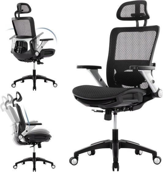 Ergonomic Mesh Office Chair with Footrest, High Back Executive Desk Chair with Adjustable Lumbar Support, Headrest and Tilt Lock, 4D Flip-up Arm-Black