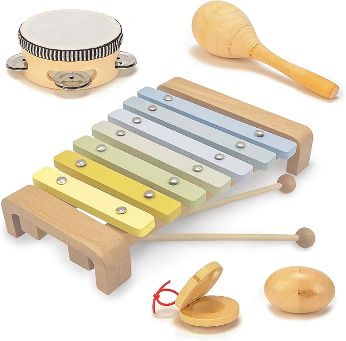 Natural Wood Baby Toys - Musical Toys for Toddlers 1-3: Toddler Musical Instruments Set of 5 in 1, with a Tambourine, Egg Shaker, Castanet, Maracas and Xylophone for Kids at All Ages