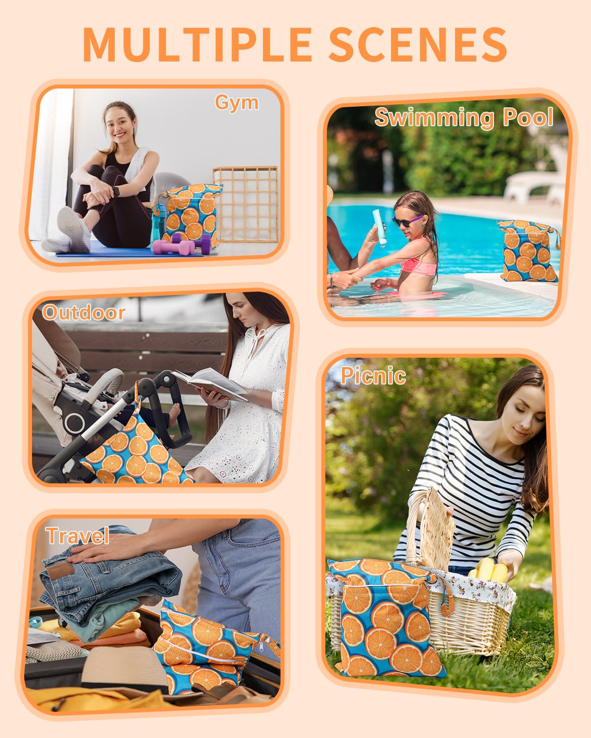 babygoal Wet Dry Bags for Baby Cloth Diapers, Washable Travel Bags, Beach, Pool, Gym Bag for Swimsuits & Wet Clothes with Two Zippered Pockets 3 Pack, 3LN22