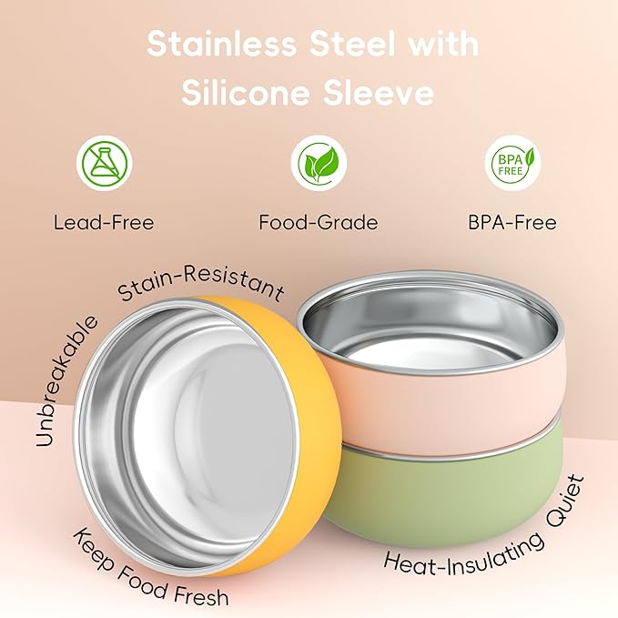 Bella's Friends Stainless Steel Baby Bowls with Silicone Sleeve 3 Pack, 5” for Toddlers Kids Feeding, Non-Slip, Non-Toxic, Mess-Free, Dishwasher Safe, Fit High Chair Size