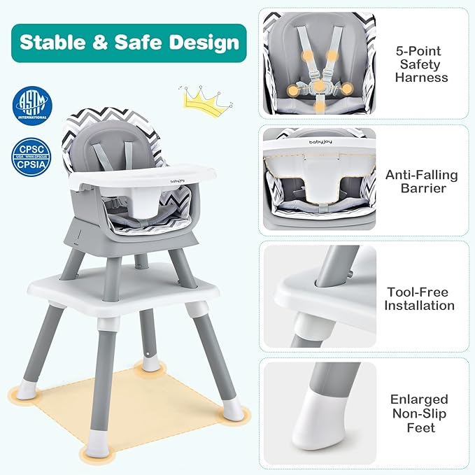 BABY JOY Baby High Chair, 8 in 1 Convertible Highchair for Babies & Toddlers | Booster Seat | Table and Chair Set | Building Block Table | Toddler Chair with Safety Harness, Removable Tray (Chevron)