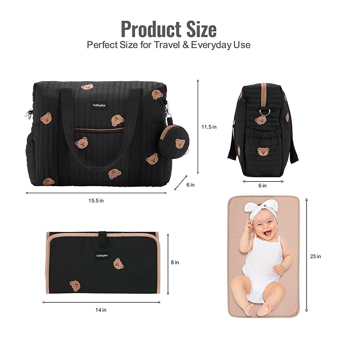 Large Diaper Bag Tote, Maternity Hospital Travel diaper tote, Multifunction baby bag, Baby Nappy Bags, Messenger bag (Medium - Black Bears)
