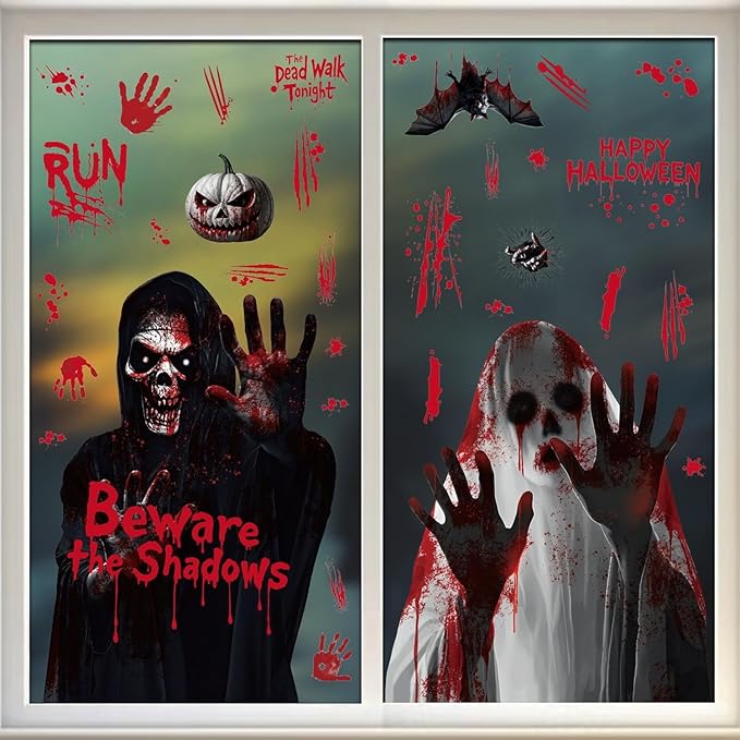 Halloween Ghost Window Clings Horror Bloody Handprints Spooky Ghost Slap The Window Double Sided Large Spooky Designs Halloween Bat Pumpkin Windows Clings for School Home Office Party Supplies Decor
