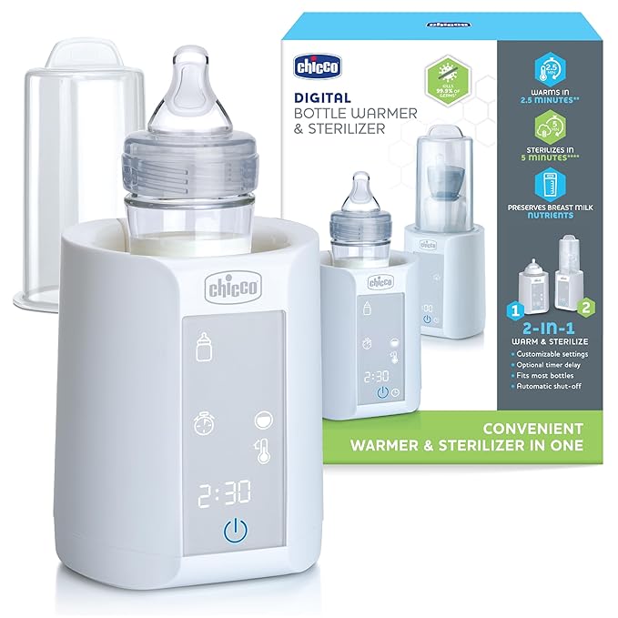 Chicco Digital Bottle Warmer & Sterilizer for Baby Bottles, Baby Food Jars, and Milk Bags | Eliminates 99.9% of Germs | 4 Heating Options | Digital Touchscreen| Automatic Shut-Off & Sound Alert