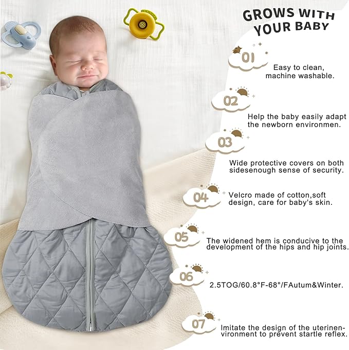 Newborn Sleep Sack Baby Swaddle,3-Way Adjustable Wearable Blanket,Swaddling Sleeping Bag,TOG 2.5 (Gray, 3-6 Months)