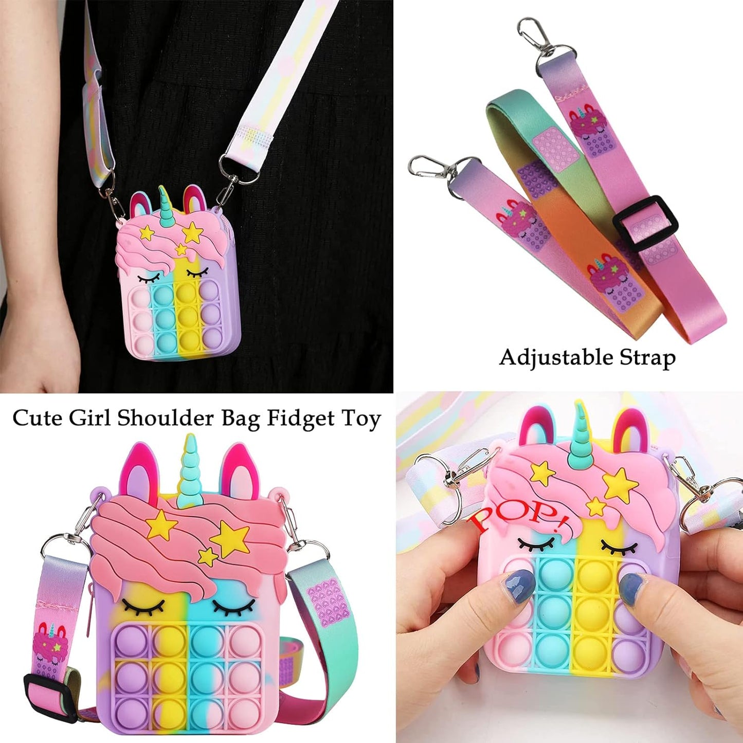 Fidget Purse, Pop Fidget Push It Bubble Popper Unicorn Bag with Bulk Fidget Bracelets Key Chain Stress Relief Toys for Girls Ages 3-12 Gift Easter Basket Stuffers Birthday Party Favor Xmas Stocking
