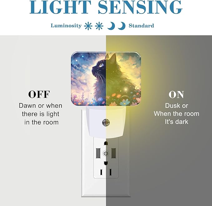 Cartoon Cute Black Cat Night Light for Kids Girls Boys, Cat in The Flowers LED Night Light Plug into Wall with Dusk to Dawn Sensor for Room, Hallway, Kitchen, Bathroom, Stairs Decor