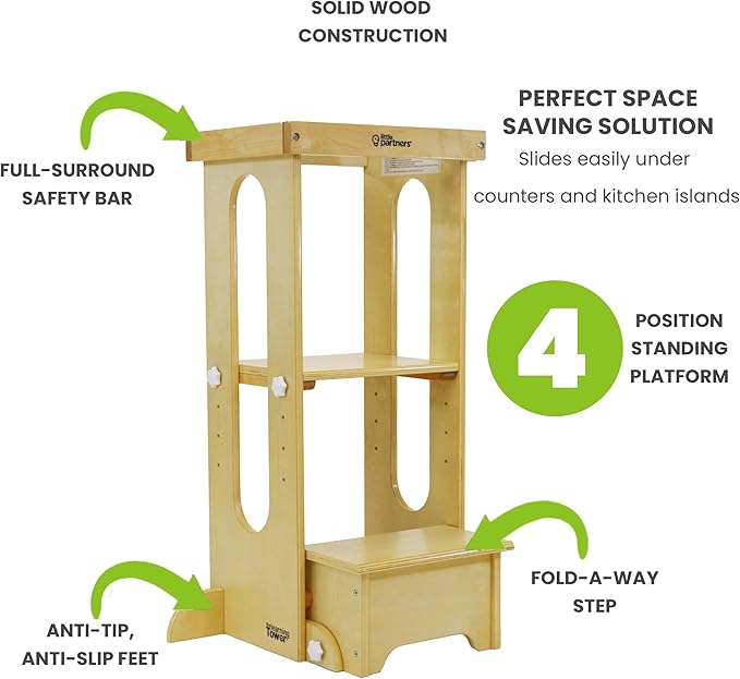 Little Partners Foldable Toddler Tower, Learning Tower Explore 'N Store Montessori Standing Kitchen Tower with Folding Step Stool Platform for Cooking and Learning, Ages 2+ (Natural)