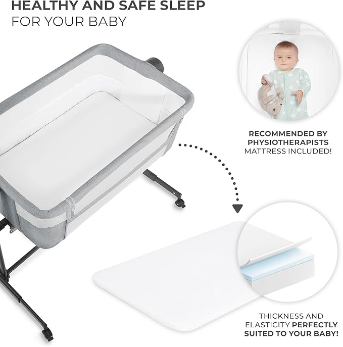 Kinderkraft Neste UP2 Bedside Cot 2 in 1, Co-Sleeper from Birth, Travel cot for Newborn, Adjustable Height, Included Mattress Sheet, with 4 Wheels, Breathable Mesh, Gray