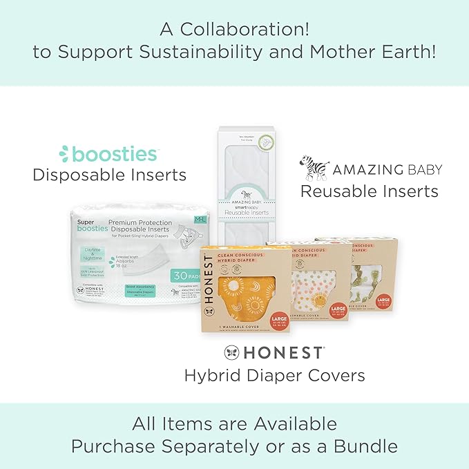 Honest Hybrid Cloth Diaper Covers with Pocket-Sling, Large (22-40 lbs), Stops Nighttime Leaks, Use with Boosties Disposable Diaper Pad or Reusable Insert, 3 Pack of Cotton Muslin Covers
