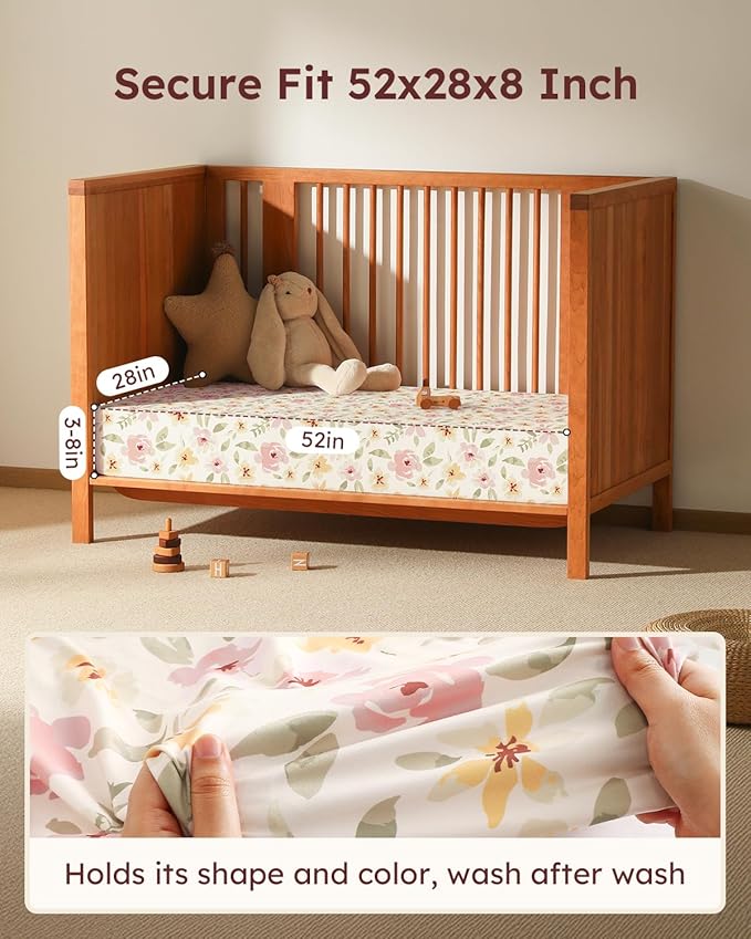 Baby Crib Sheets for Boys Girls, 28x52x8in Fitted Crib Sheet Neutral 3 Pack for Standard Crib and Toddler Mattress, Breathable Soft Microfiber Baby Sheet Pink Flowers & Leaf