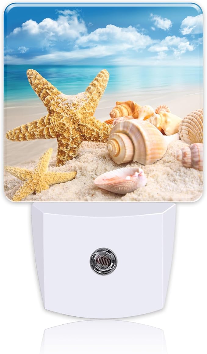 Night Light Plug into Wall Starfish Seashells On Beach Night Light with Dusk to Dawn Sensor Night Light for Kid Girls Boys Women Men Room Decor, Hallway, Kitchen, Bathroom, Nursery, Stairs