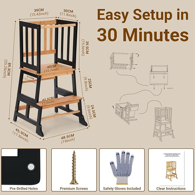 COSYLAND Kids Kitchen Step Stool Helper - Wooden Standing Tower for Kids with Anti-Tip Support Legs - Mothers' Helper Kids Learning Stool for Kitchen Counter (Black & Natural)