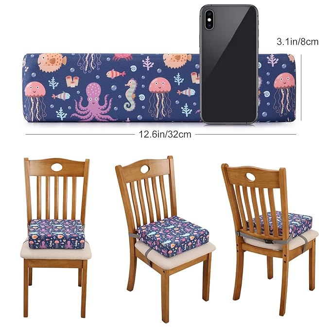 Zicac Portable Toddler Booster Seat for Dining Table, Safer Non-Slip Kids Booster Seat with Double Adjustable Straps, Washable Detachable Strong Support Increasing Cushion for Child (Purple Octopus)