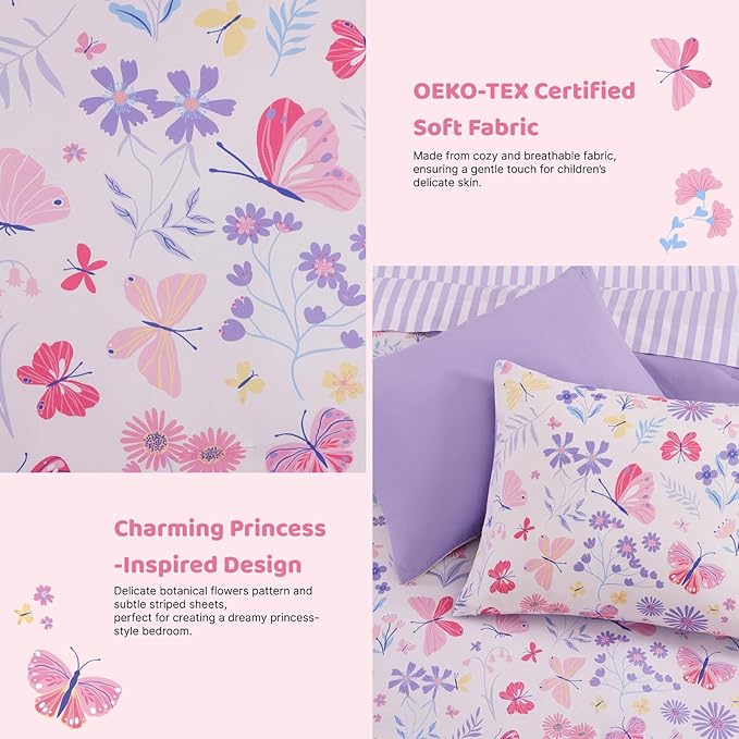 Twin Comforter Set with Sheets for Girls-5 Pieces Twin Bedding Sets with Pink Comforter, Sheets, Pillowcase & Sham for Kids (Cute Botanical Flowers, 66" X 86")