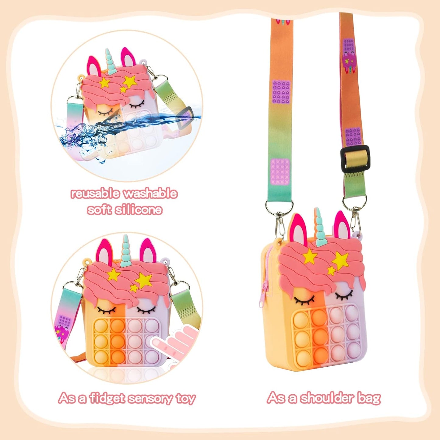 Unicorn Purse for Girls,Unicorn Birthday Gifts for Girls , Unicorn Pop Shoulder Bag Fidget Toys, Holiday Stuffers Christmas Birthday Gifts for Kids. Party Pop Fidget Backpack Toy