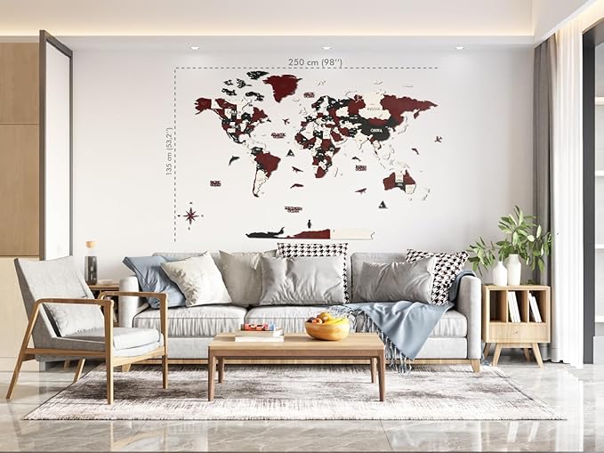 Colorfull Worlds 3D Wooden World Wall Art | Unique Wall Decor with Pins for Travel Enthusiasts | Home and Office Wall Décor | Burgundy | XLarge