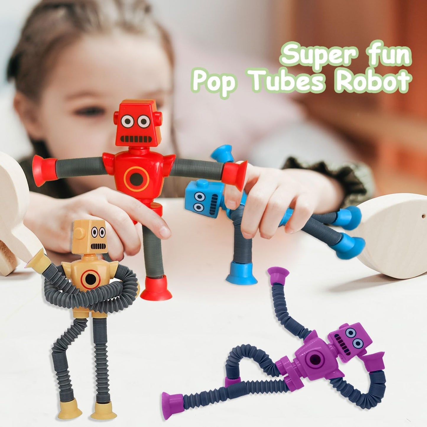 Pop Tubes Robot Toy, 4 Packs Fidget Toys Telescopic Suction Cup Robotics Autism Sensory Toys for Classroom Treasure Box Back to School Toys for Kids Preschool Stretchy Robots Party Favors