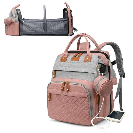 Baby Diaper Bags with Changing Station, Waterproof Diaper Bag Backpack for Moms Dads with USB Charging Port, Baby Shower Gifts, Large Capacity diaper backpack, Grey Pink