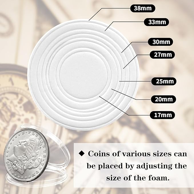 100PCS Silver Dollar Coin Holder, Clear Coin Capsules, Coin Holders for Collectors, Plastic Coin Case for Morgan Silver Dollar, Coin Protectors with Adjustable Gasket (17/20/25/27/30/33/38/40mm)