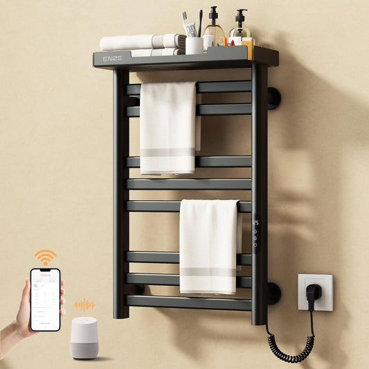 ENZE Heated Towel Rack with Shelf and Wi-Fi App Control, 8 Bars Electric Wall Mounted Towel Warmer with Timer & Adjustable Temperature, Low Carbon Steel, Plug-in/Hardwired, Matte Black