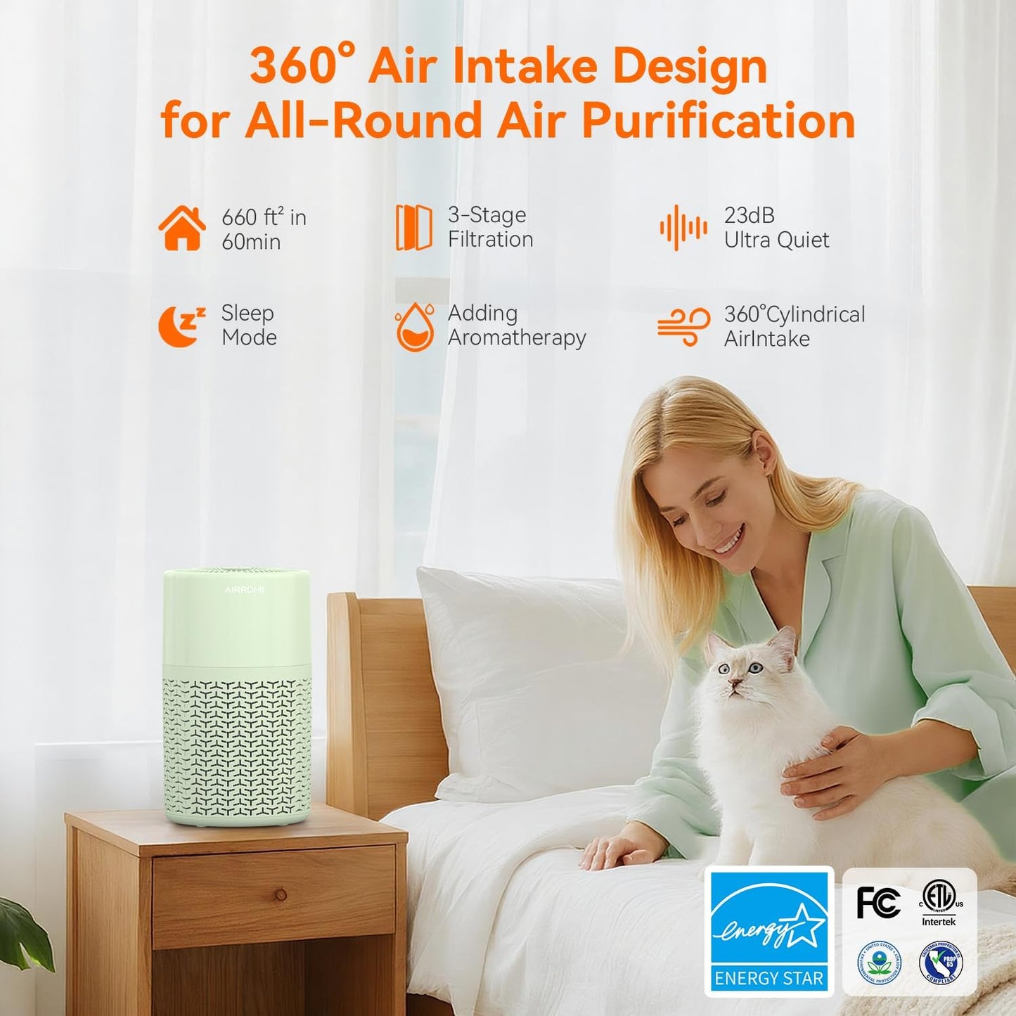 AIRROMI Pets Air Purifier for Home Allergies,Up to 660 ft².Yellow Deodorizing Activated Carbon Filter,With Fragrance Sponge for Better Sleep,Night Light,Pet Dander,Smoke,Odors,Air Cleaner A2002 Green